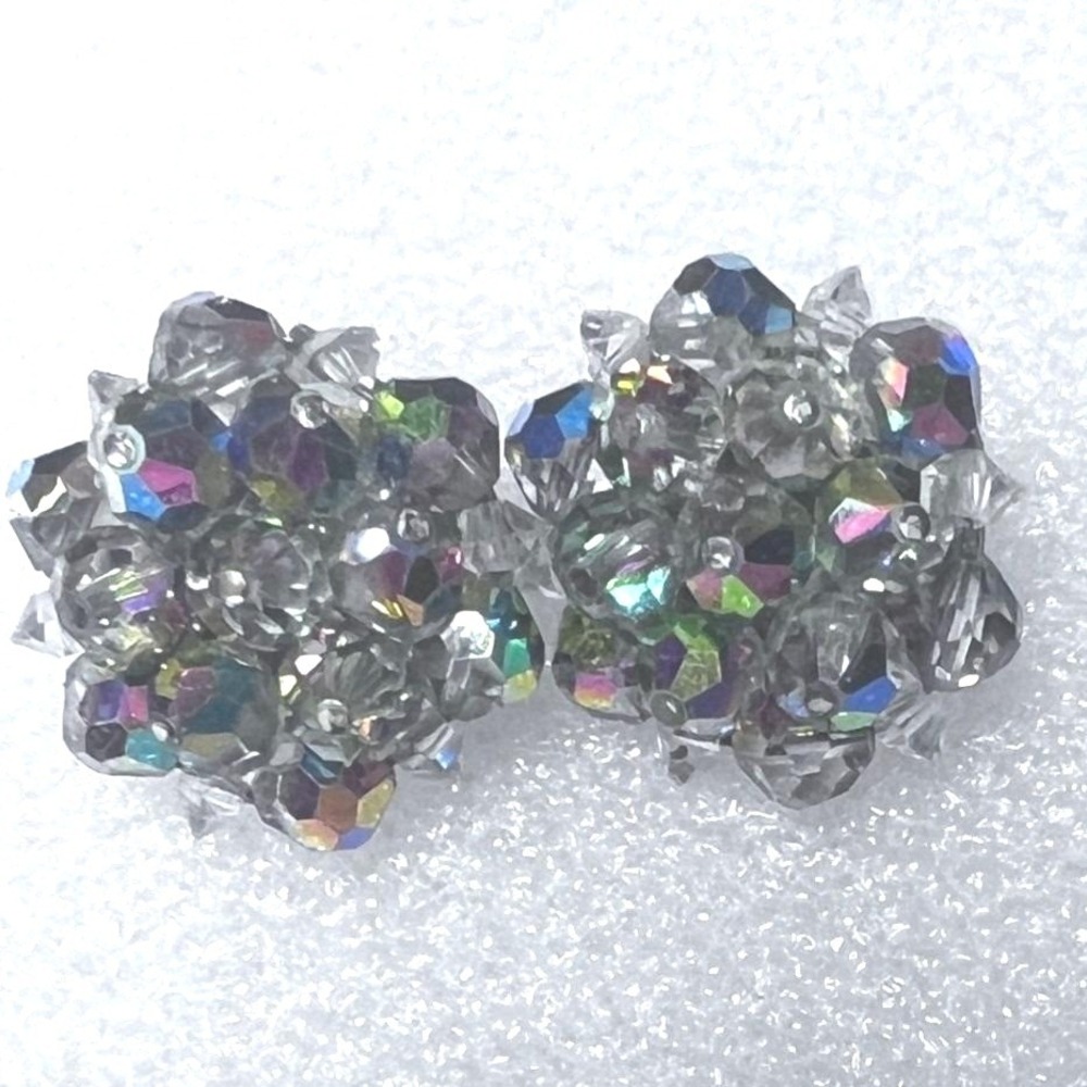 Vtg AB Rhinestone Cluster Earrings Clips .75" Red Gold Clear Laguna Silver‎ Tone
